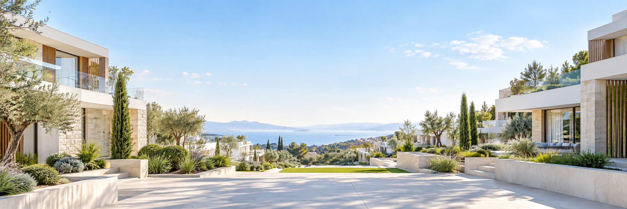 Panorama ensolarado de residências contemporâneas, jardins e horizonte ao fundo